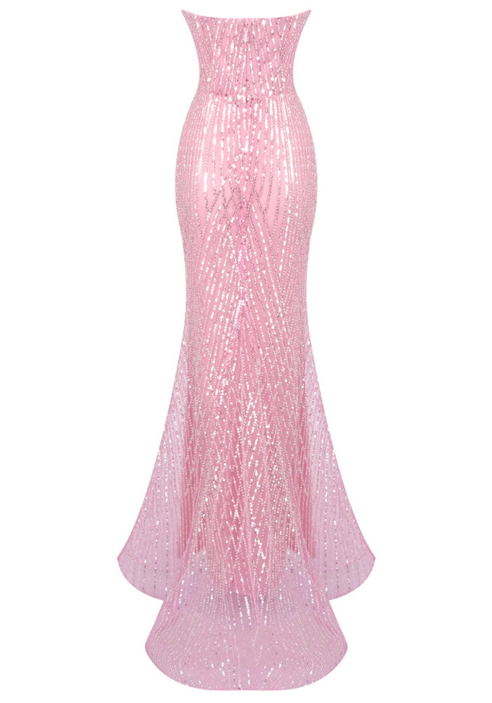 Strapless Crystal Bustier Sequin Maxi Dress Pink