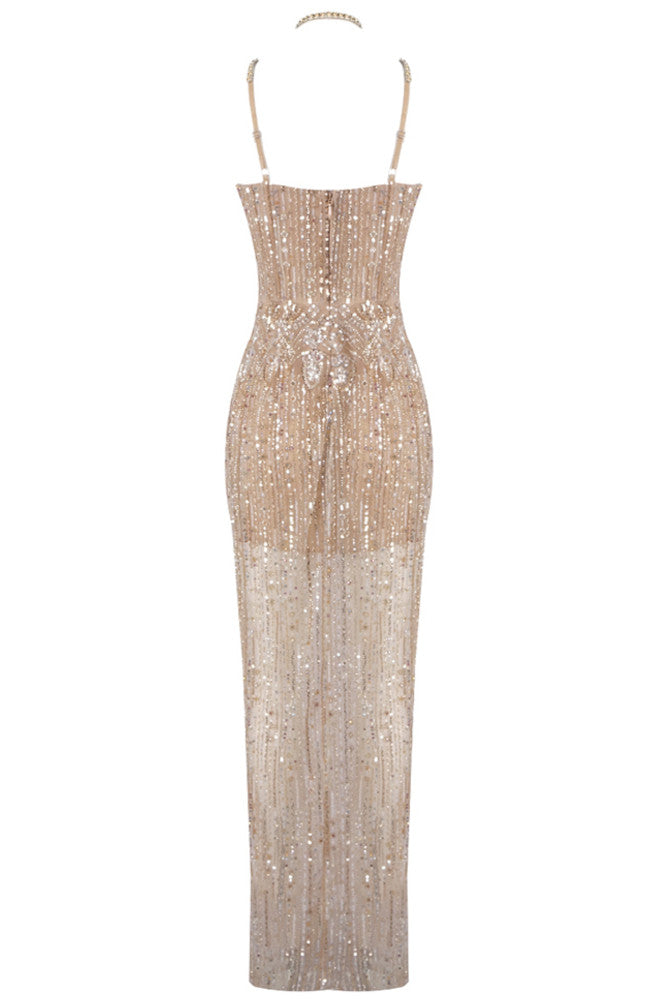 Halter Sequin Bustier Maxi Dress Gold