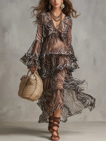 Resort Style Zebra Print Ruffled Chiffon Dress