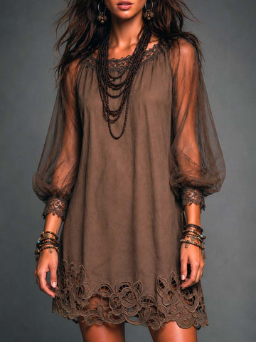 Boho Floral Cut-out Lace Mini Dress with Sheer Puff Sleeves