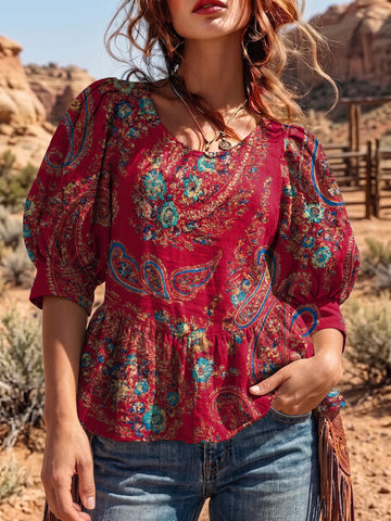 Women's Vintage Art Puff Sleeve Top