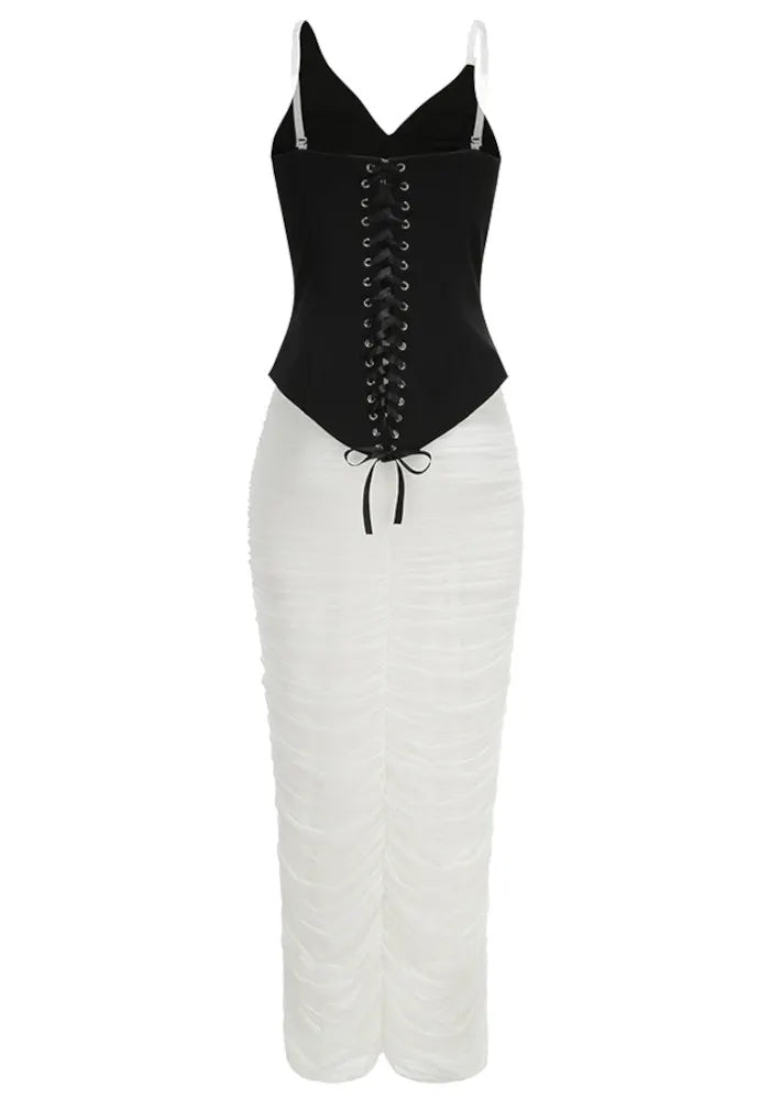 Embellished Draped Corset Two Piece Midi Dress Black White