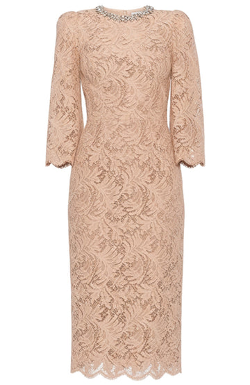 Crystal Neckline Lace Midi Dress Nude