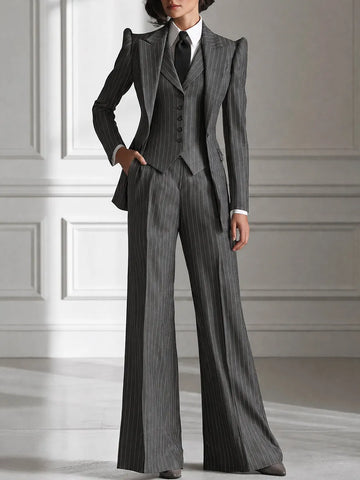 Women's Vintage Pinstripe 3-Piece Power Suit Set – Structured Blazer, Waistcoat & Wide-Leg Trousers