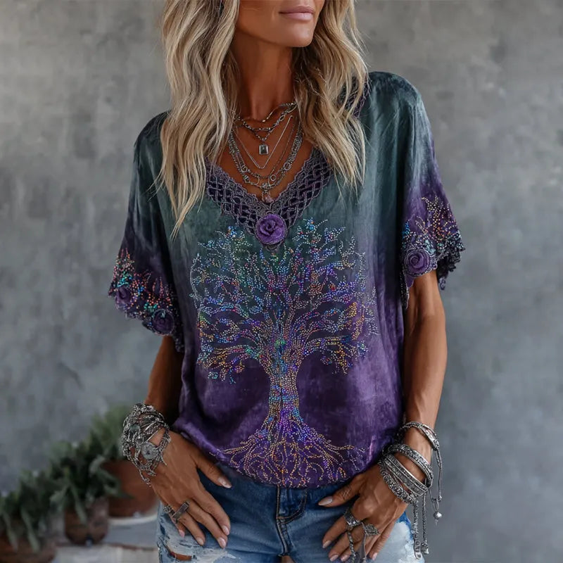 Women's Vintage Tree Of Life Floral Gradient Art Flowy Linen Blend Casual Tops