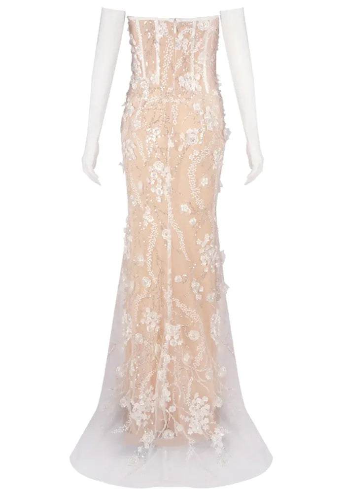 Strapless Floral Lace Sequin Maxi Dress White Nude
