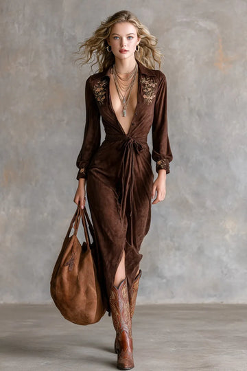 Women's Brown Suede-Effect Embroidered Wrap Maxi Dress