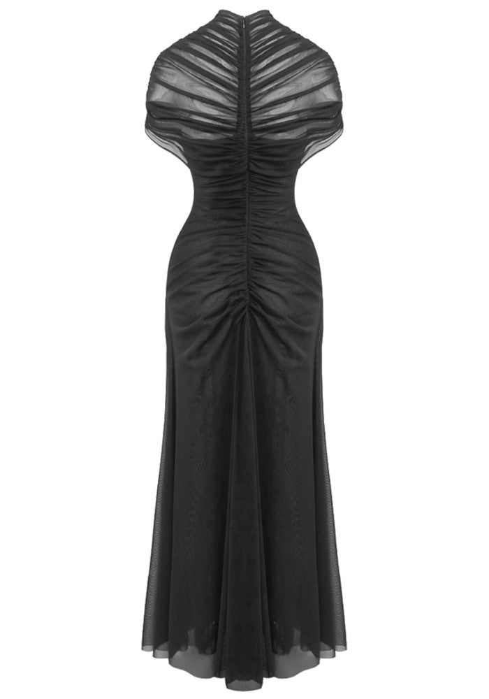 Draped Mesh A Line Maxi Dress Black