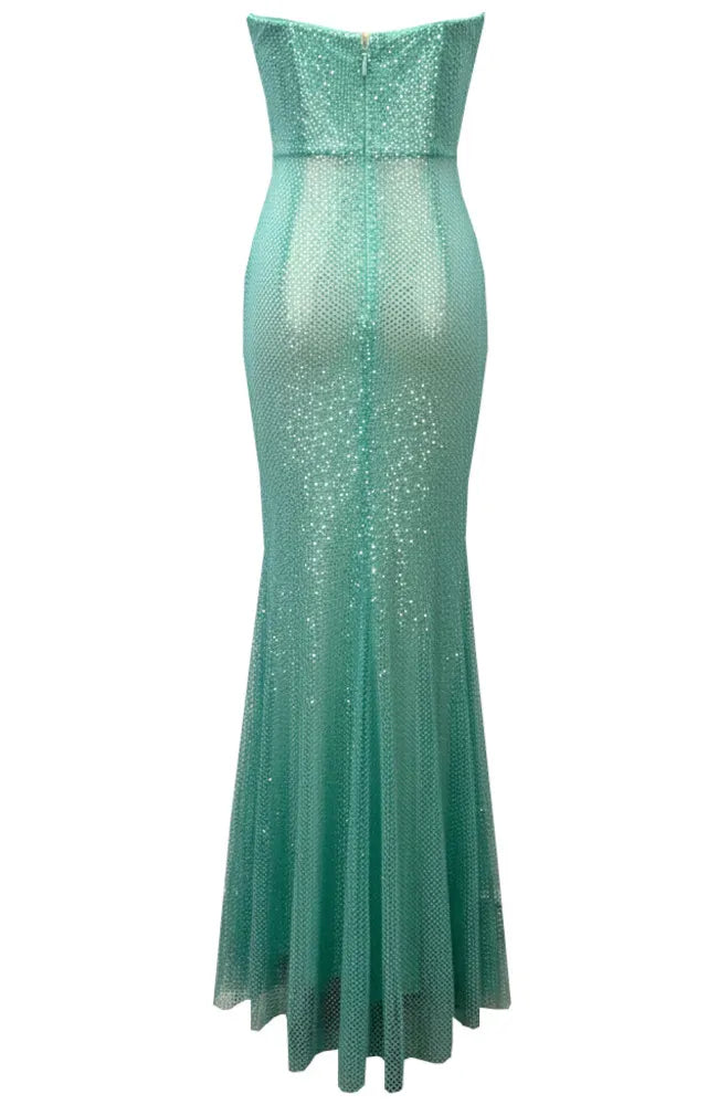 Strapless Crystal Sparkly Maxi Dress Green