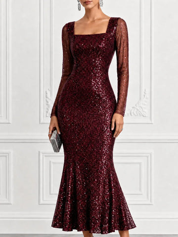 Square Neck Long Sleeve Formal Dress