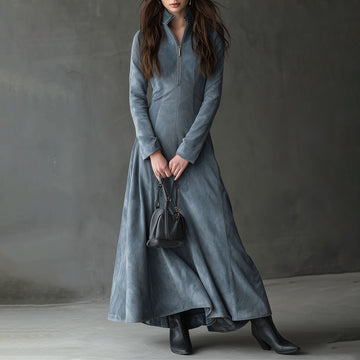 Retro Turtleneck Front Zipper Suede Maxi Dress