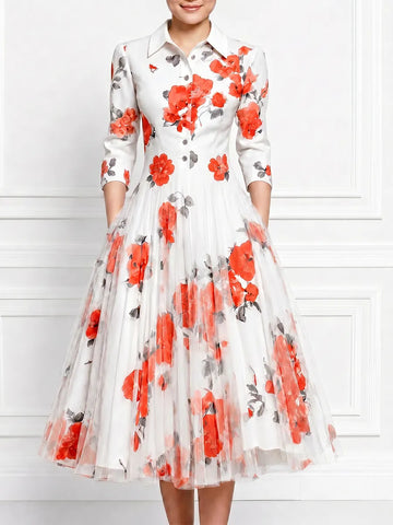 White Watercolor Red Floral Print Shirt Collar Pleated Tulle A-Line Midi Dress