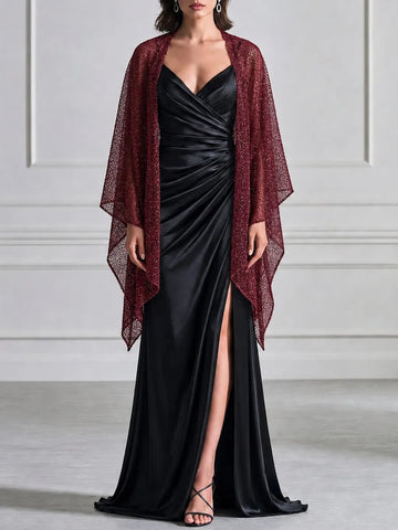 Ruched Satin Maxi Evening Gown With Glitter Mesh Shawl