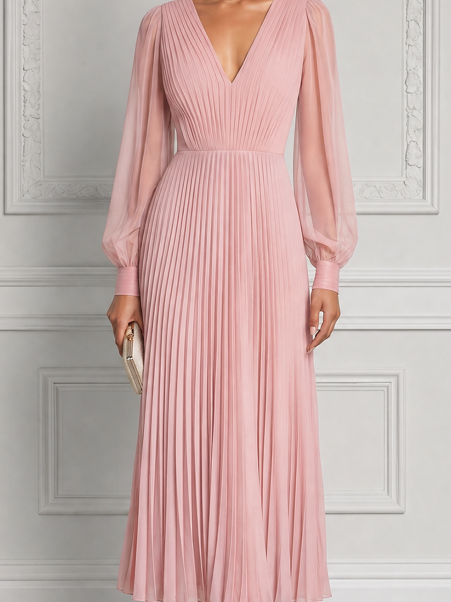 Pink Dress Fall Wedding Guest Dress Pleated Chiffon Maxi Dress