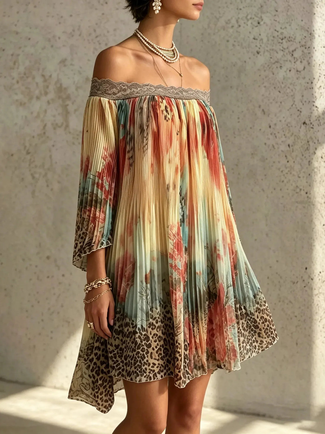 Vintage Floral Print Pleated Lace Off-shoulder Mini Dress