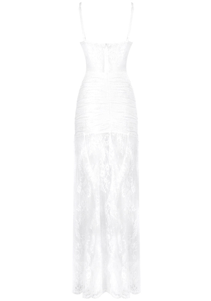 Lace Ruched Corset Maxi Dress White