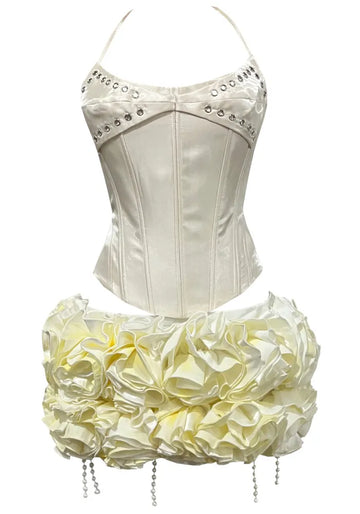 Halter Floral Corset Two Piece Dress Ivory