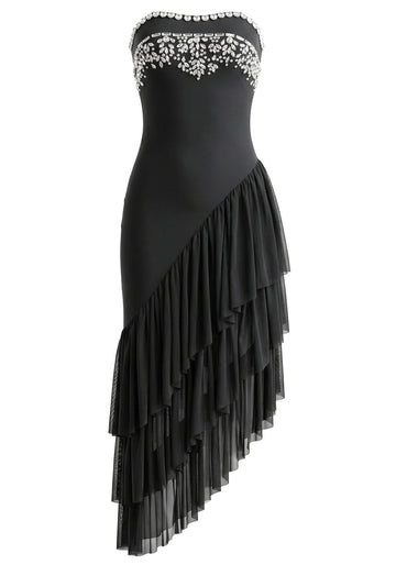 Strapless Crystal Ruffle Asymmetric Maxi Dress Black