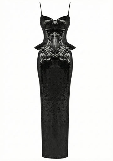 Sequin Peplum Corset Maxi Dress Black