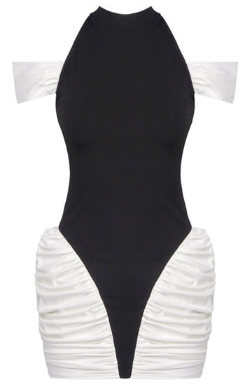 Cold Shoulder Ruched Dress Black White