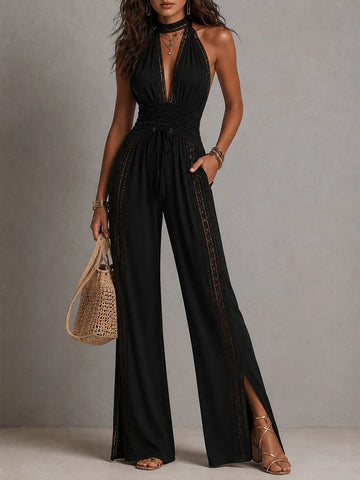Boho Black Halter Deep V Smocked Waist Lace Wide-Leg One-Piece Jumpsuit