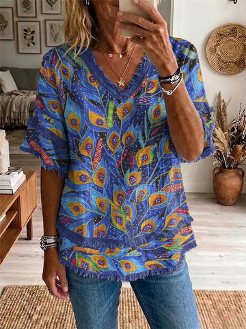 Ethnicity Geometry Feathers Women's Art Casual Patchwork V Collar Shirt