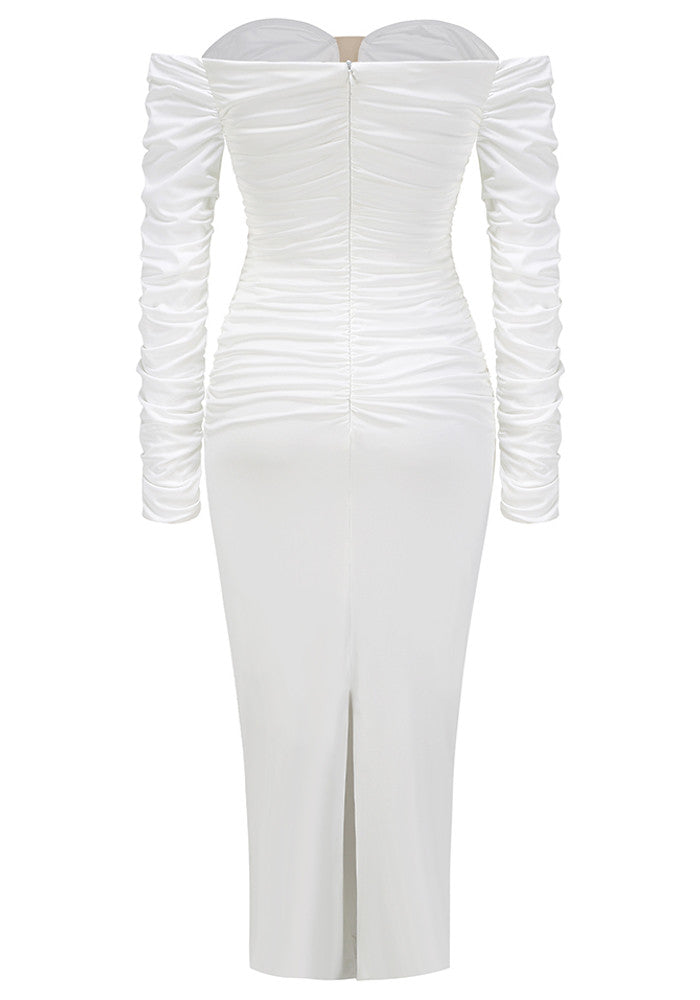Long Sleeve Ruched Bardot Midi Dress White
