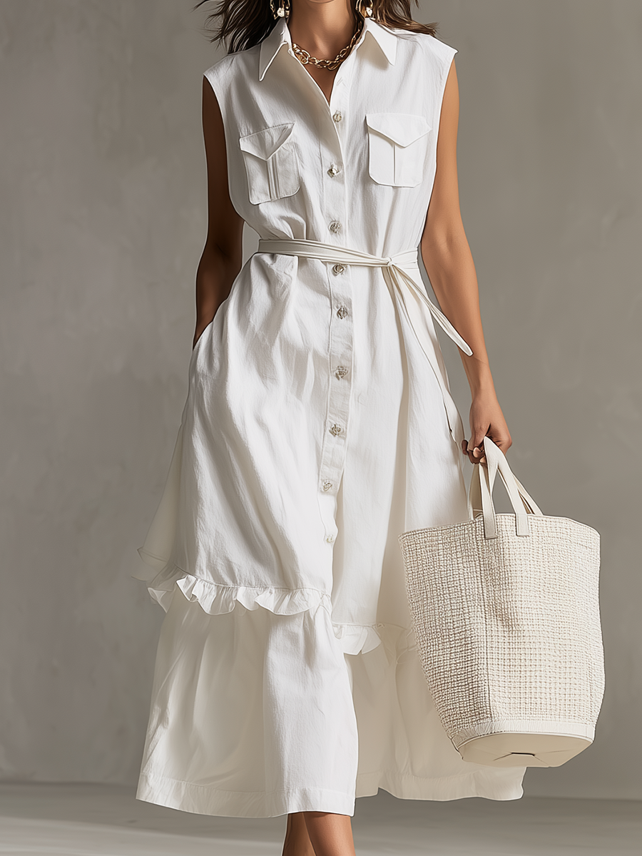Timeless White Belted Shirt Midi Dress