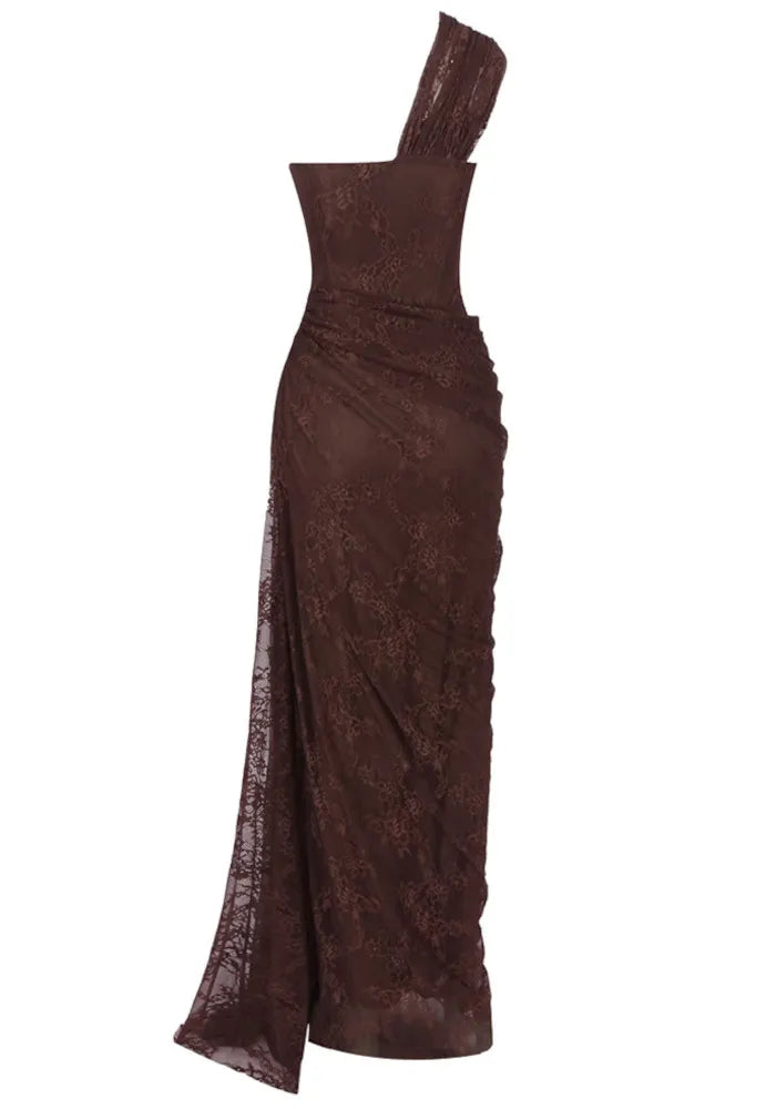 One Shoulder Draped Lace Maxi Dress Brown