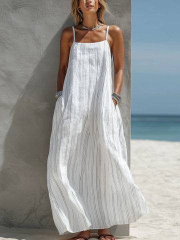 Women's Casual White Vertical Striped Woven Sleeveless Loose Long Dress MDZ0324C9AN