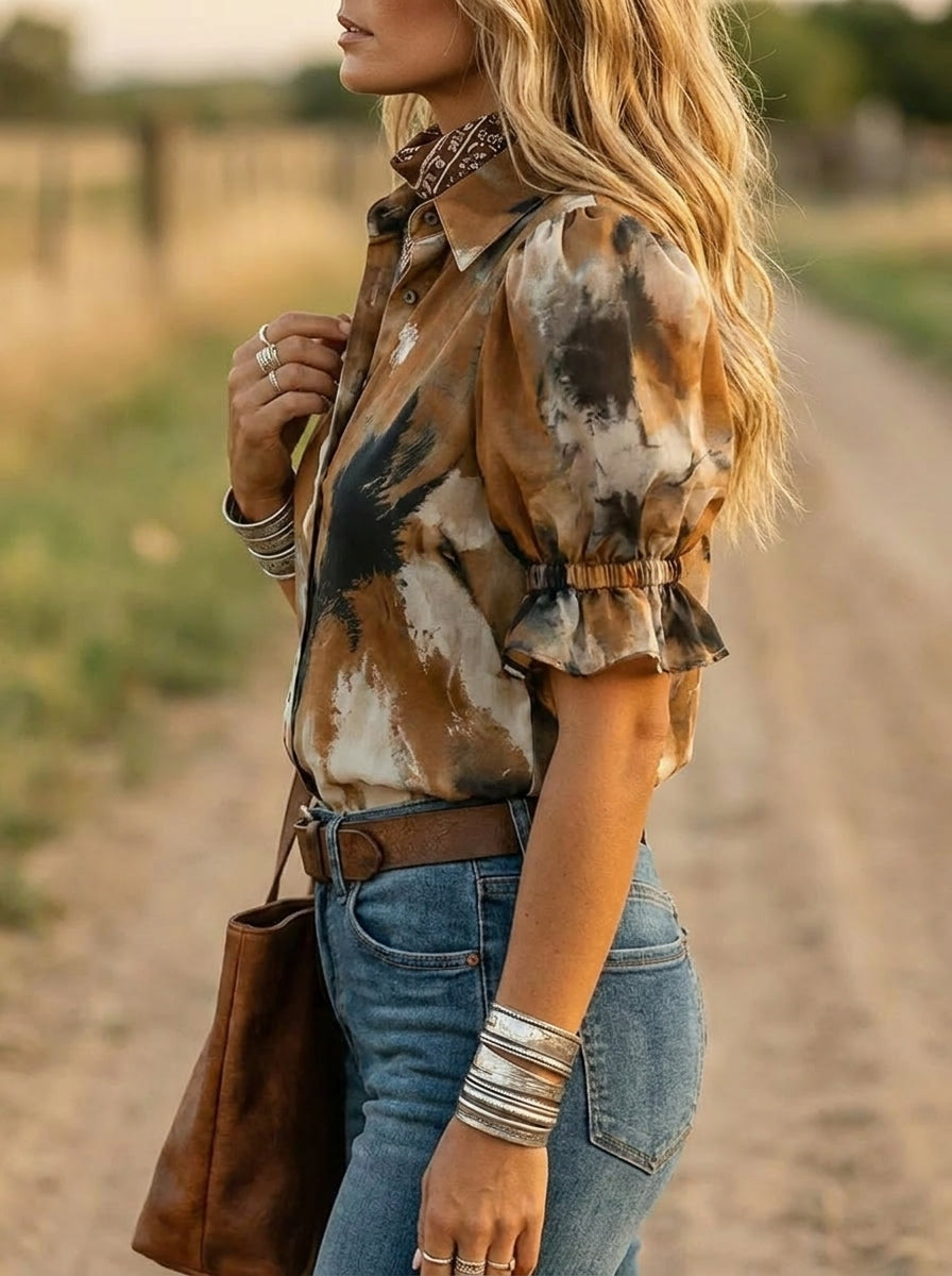 Vintage Abstract Art Print Puff Sleeve Shirt