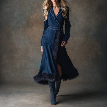Retro Fashionable Lapel Blue Denim Faux Fur Trim Long Sleeve Maxi Dress