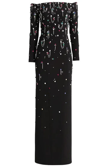Long Sleeve Bardot Crystal Chain Detail Maxi Dress Black