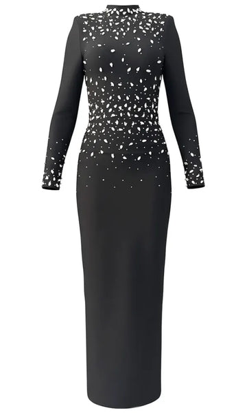 Long Sleeve Embellished Detail Maxi Dress Black