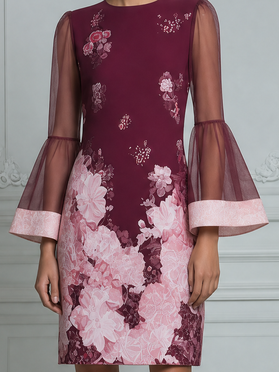 Burgundy Pink Floral Print Sheer Bell Sleeve Shift Mini Dress