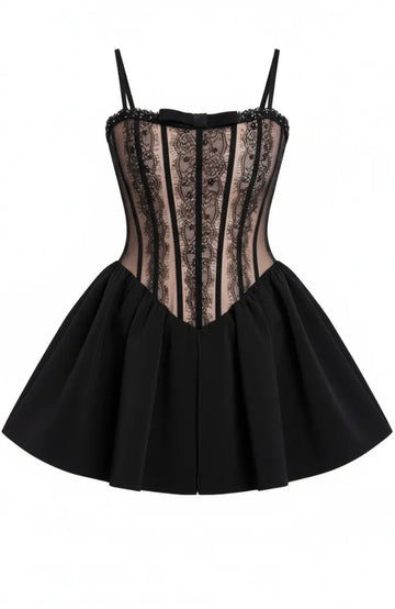 Bow Detail Lace A Line Dress Black