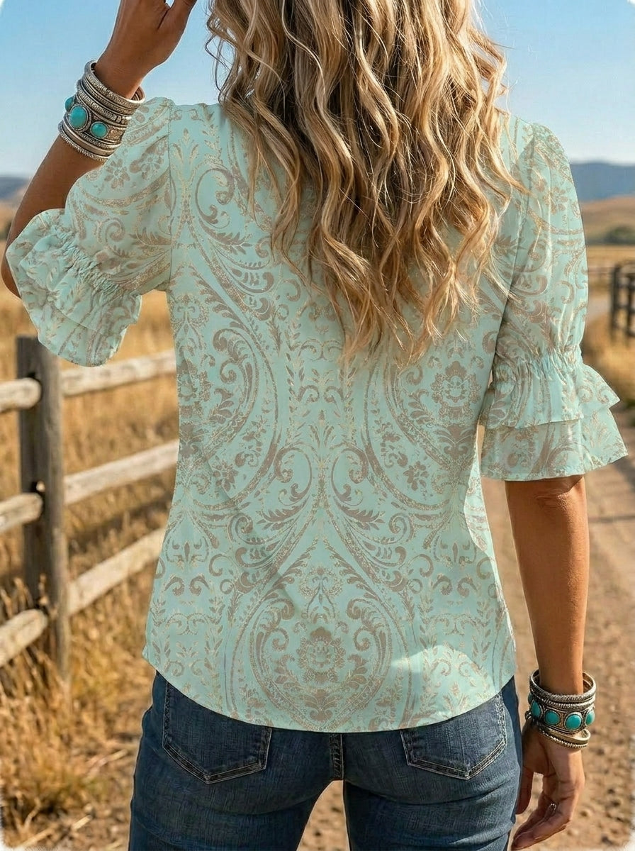 Women's Retro Floral Puff Sleeve Casual Shirt