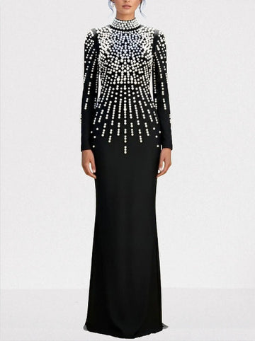Pearl-Embellished Backless Long-Sleeve Maxi Gown