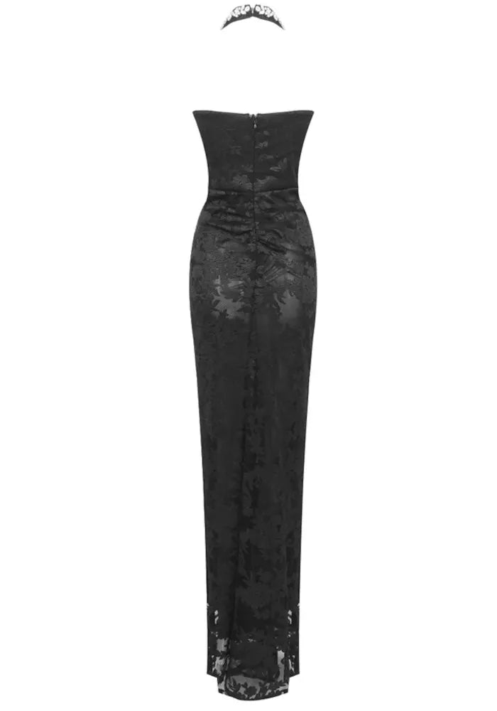 Halter Crystal Bustier Lace Maxi Dress Black