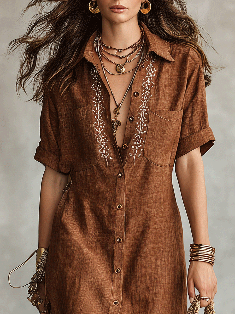 Casual Button Delicate Embroidery Bohemian Flair Maxi Dress
