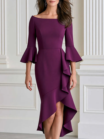 Bell Sleeve Asymmetrical Ruffle Formal Evening Gown