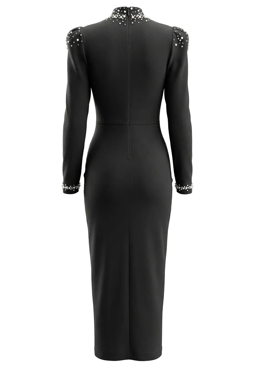 Long Sleeve Crystal Embellished Maxi Dress Black