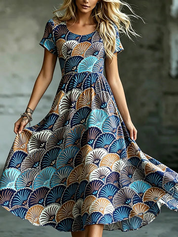 Women's Retro Japanese Shell Jacquard Art Pattern Casual Dress