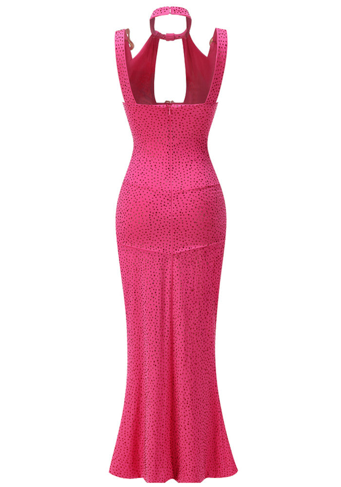 Halter Crystal Ruched Maxi Dress Hot Pink