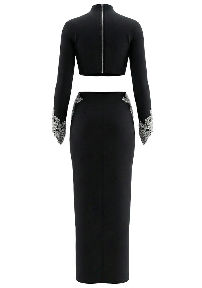 Long Sleeve Crystal Embellished Two Piece Maxi Dress Black