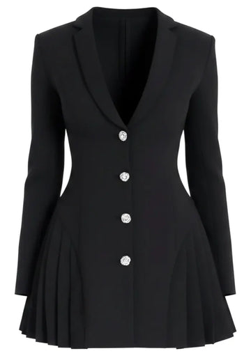 Long Sleeve Pleated A Line Blazer Dress Black
