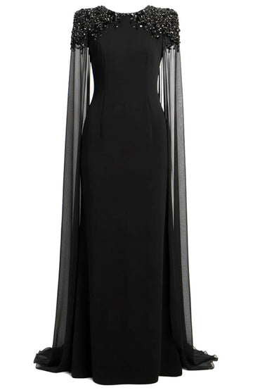 Cape Sleeve Crystal Shoulder Maxi Dress Black