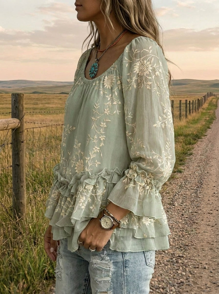 Vintage Floral Art Print Casual Ruffle Shirt