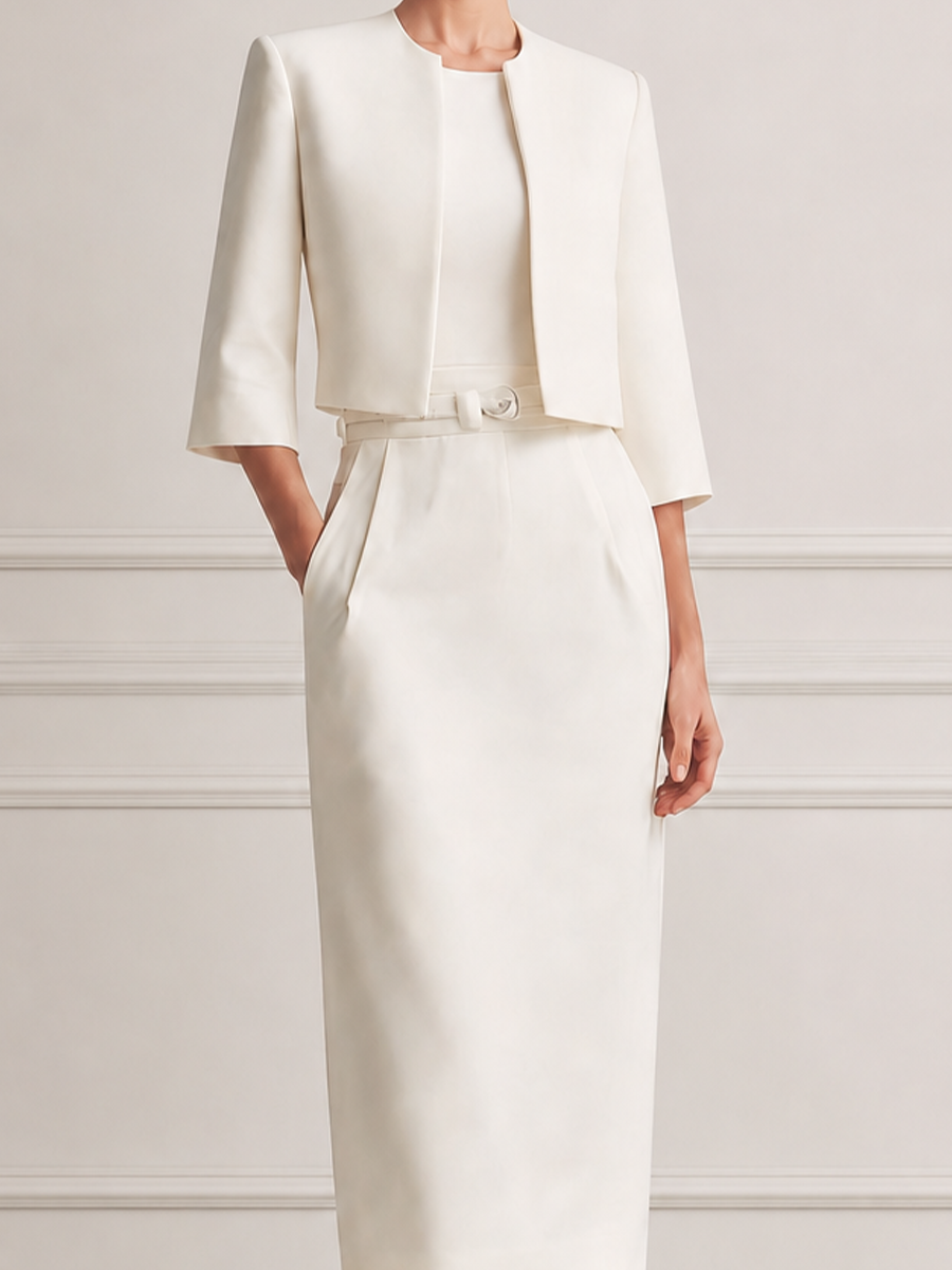 Ivory Collarless Cropped Jacket & Belted Pencil Midi Dress Two-Piece Suit Set