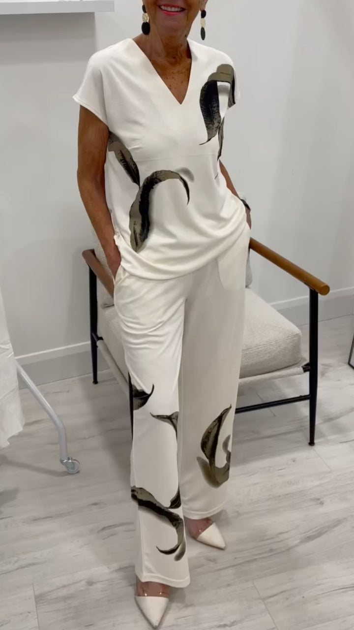 V Neck Short Sleeve Top + Wide Leg Pan Two Piece Settsp + Wide Leg Pants